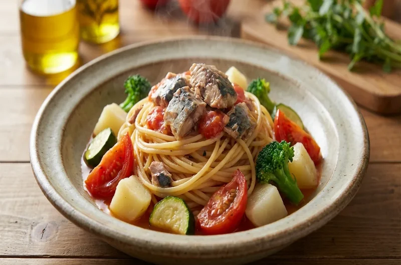 【まる得マガジン】サバとトマトと野菜のパスタのレシピ 日高良実シェフの缶詰イタリアン（2022年5月2日）