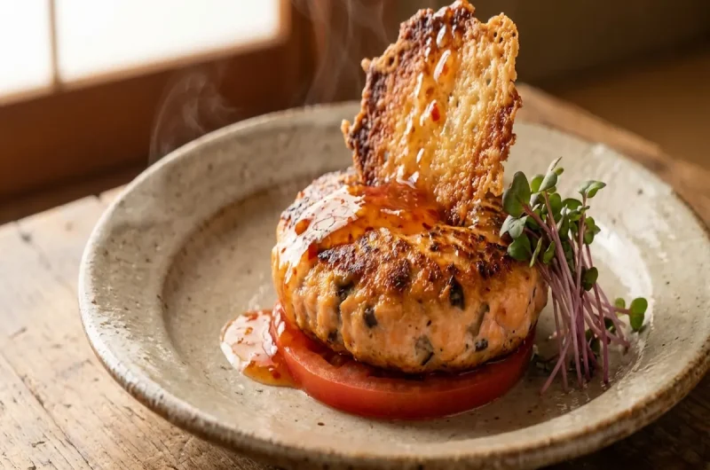 【ウワサのお客さま】鮭ハンバーグ（カリカリチーズせんべい） レジェンド寮母村野明子さんのレシピ